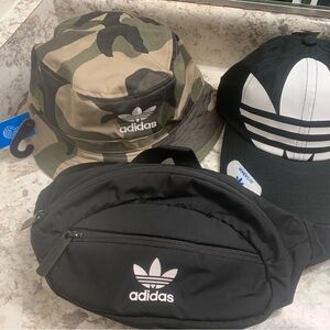 adidas Black Waist Bag with Camo Bucket Hat & Black Cap